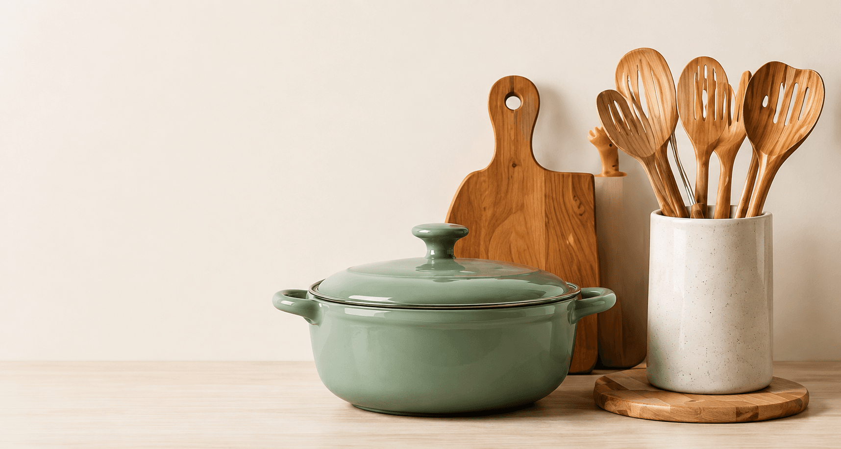Sage green ceramic pot with a wooden cutting board and utensils on a light kitchen counter