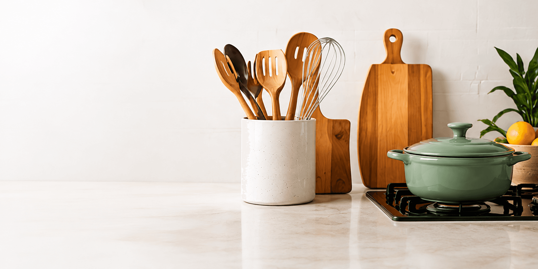 Wooden utensils in a ceramic crock next to a sage green pot